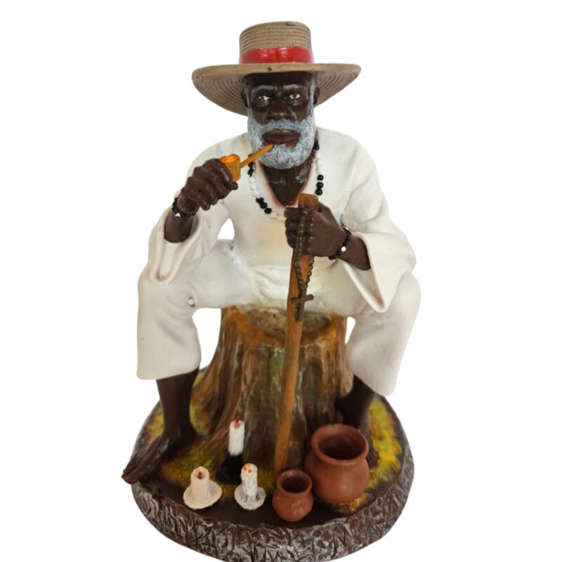 Preto Velho sentado - 16 cm - Branco com chapeu