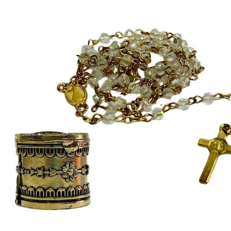 Terço Nossa Sra. Aparecida Prateado Pérola e Fecho + Relicário