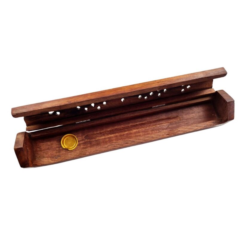 Incensário box de madeira com detalhe bronze 30 cm